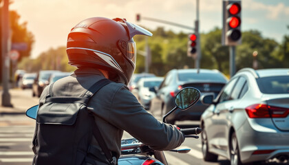 Motorcycle Rider Waiting at Traffic Light in Urban Setting with Cars and Red Signals