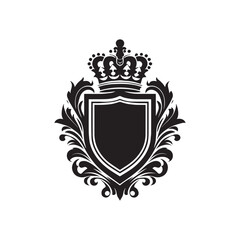 Obraz premium Black and white silhouette of a decorative ornamental emblem, royal vintage crest shield, crown heraldry victorian elegant luxury frame vector illustration isolated on a white background