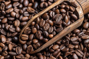 Naklejka premium Aromatic Coffee Beans Spread Extensively Displayed with Wooden Scoop for Perfect Brewing