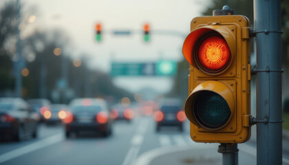 Traffic light on an urban street with red signal, vehicles blurred in the background, evening setting with soft bokeh effect, road safety concept