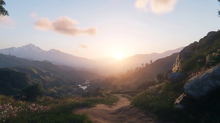 Obraz premium Serene Sunset Trail Winding Through Lush Mountain Valley Landscape Peaceful Nature Scenery at Golden Hour