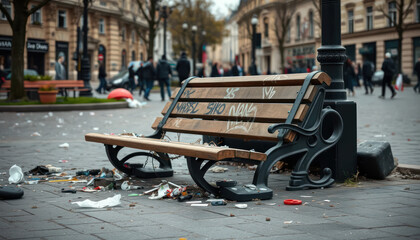 Urban Park Bench Surrounded by Litter and Graffiti in Bustling City Street Scene During Daylight Hours