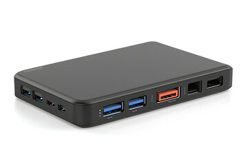 A sleek black multi port usb charger hub featuring usb a and usb c ports on a white background