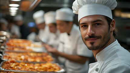 Smiling Chef in Busy Kitchen with Trays of Food and Focused Coll