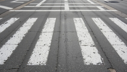 Fototapeta premium Close-Up View of a Crosswalk on a City Street Showcasing Worn Out Pedestrian Lane Markings and Textures of Asphalt Surface