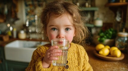 Adorable young girl taking a sip of water in the kitchen, showing a healthy and refreshing moment