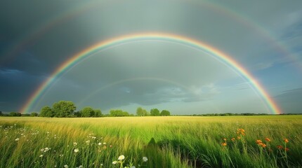 Naklejka premium Rainbow over Meadow After Rain, 3D illustration