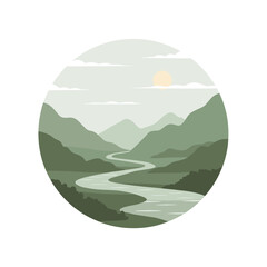 Mountain landscape with a winding river and sun in a circular frame on a soft background for nature concept
