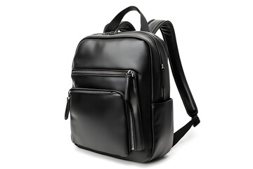 A sleek black leather backpack with multiple compartments and zippers on a white background studio shot