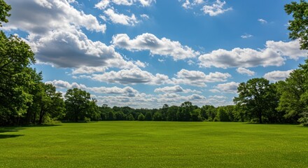 Green meadow under a cloudy blue sky with trees around