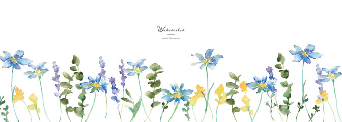 水彩画。水彩タッチの草木と花のナチュラルフレーム。草木のベクターイラスト。Watercolor painting. Natural frame of plants, trees and flowers with watercolor touch. Vector illustration of plants and trees.