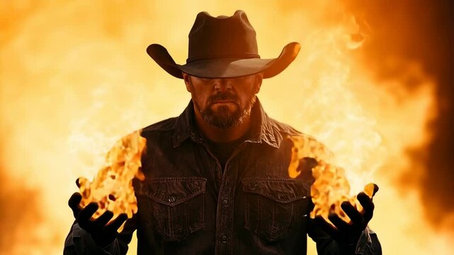 A stern, brutal cowboy man in a characteristic wide-brimmed hat stands confidently among the roaring flames