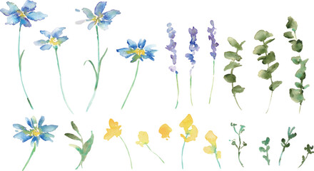 水彩画。水彩タッチの草木と花のナチュラルフレーム。草木のベクターイラスト。Watercolor painting. Natural frame of plants, trees and flowers with watercolor touch. Vector illustration of plants and trees.