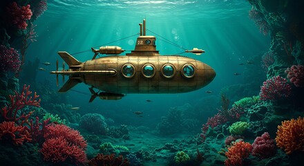 Steampunk Fantasy Submarine Bathyscaphe Exploring