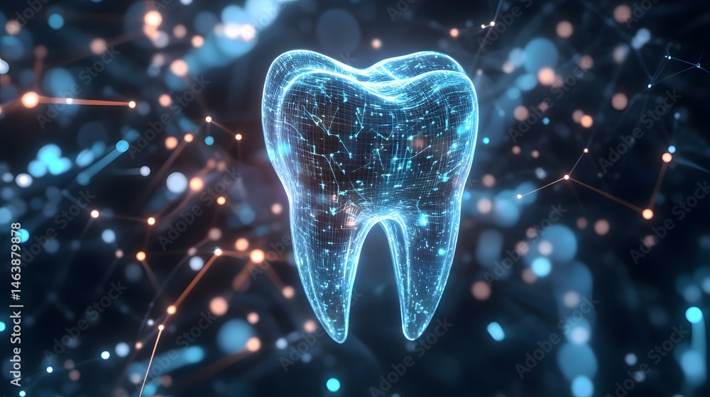 Poster digital representation of a tooth with interconnected network.