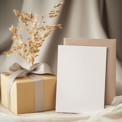 A greeting card mockup with a minimalist design, placed next to a gift box
