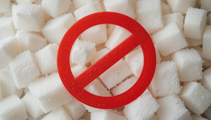 Stop Sugar Consumption for Healthy Lifestyle with No Sugar Sign on White Sugar Cubes Background Encouragement for Dietary Change