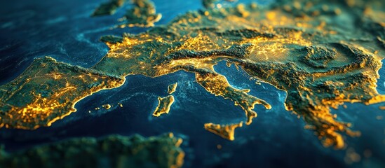 Night view of Mediterranean region, showcasing coastal outlines, mountainous terrain, and city lights illuminating the landscape