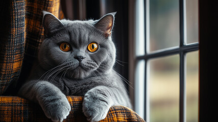 Scottish Straight Cat Gazing Out the Window with a Warm Banner and Cozy Indoor Lighting Realistic Photo (1)