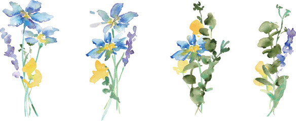 水彩画。水彩タッチの草木と花のナチュラルフレーム。草木のベクターイラスト。Watercolor painting. Natural frame of plants, trees and flowers with watercolor touch. Vector illustration of plants and trees.