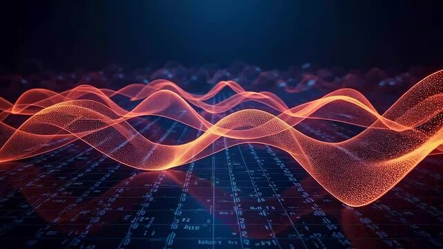 Abstract Orange Waves Flowing over Digital Grid Technology Background