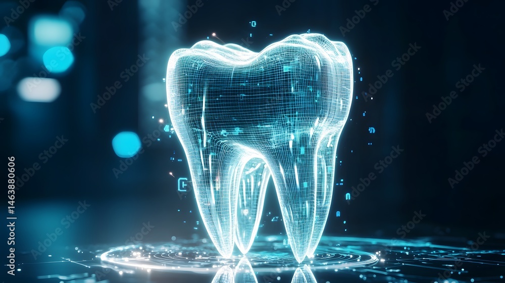 Poster digital representation of a tooth with glowing lines.