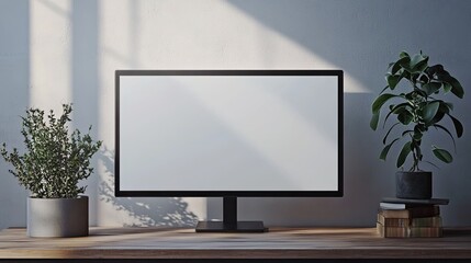 Desktop computer mockup blank screen workspace plants wooden desk home office interior design 