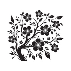 Black and white silhouette of Cherry Blossom Tree Branch with flowers  vector illustration isolated on a white background
