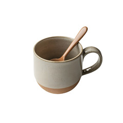 Stylish Ceramic Mug with Teaspoon on White Background