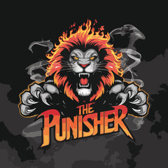 Ferocious digital artwork of a roaring lion with sharp claws and a fiery mane, surrounded by smoky effects. The design includes bold text 'The Punisher,' making it a perfect fit for streetwear, esport