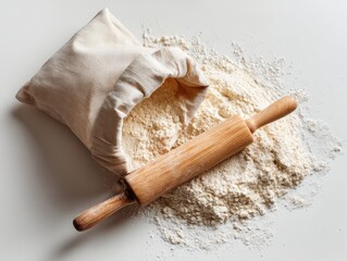 A whole wheat flour sack spilling slightly with a rolling pin beside it, isolated soft off-white background, home-baking nostalgia aesthetic