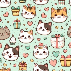 Cute cat faces pattern fun graphic design whimsical style playful background vibrant colors adorable artwork