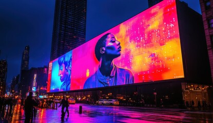 Night Cityscape with Vibrant Digital Portrait on Building Screen