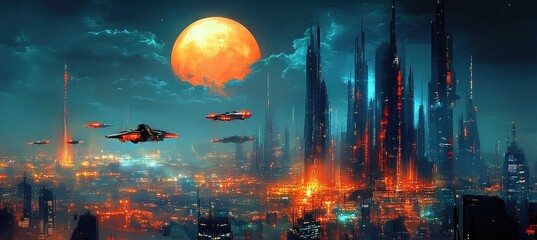 Obraz premium Distant View Futuristic Metropolis with High Rise Building and Spaceships at Night
