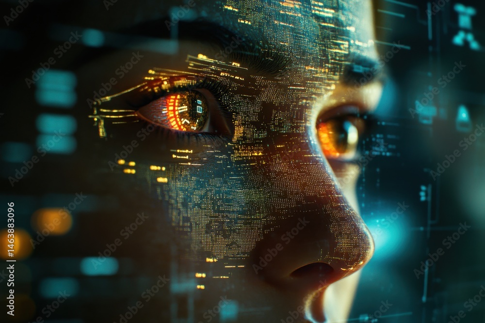 Poster futuristic ai interface with holographic data projection in an engaging digital environment