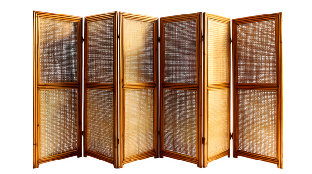 A folding room divider with woven rattan panels, isolated on Transparent background
