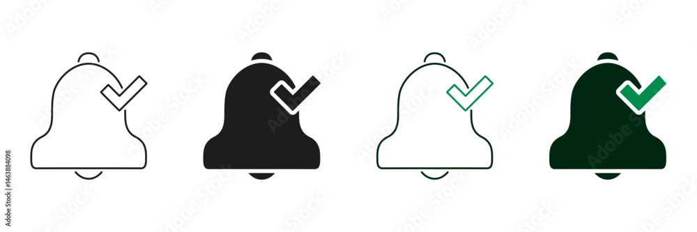 Poster notification bell with checkmark line and solid icon set. alert confirmation and task completion sym