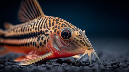 Corydoras Barbatus: A close-up, detailed shot highlights the stunning Corydoras barbatus, showcasing its intricate patterns and captivating features in an underwater setting.