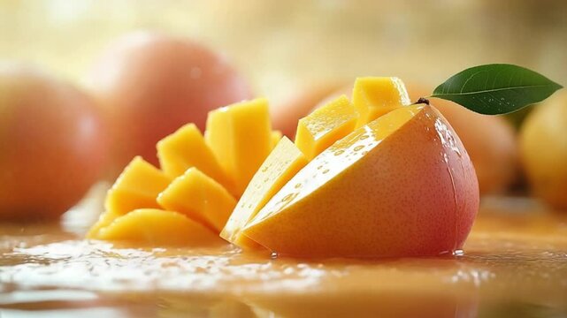 Tropical Mango's Freshness: A vibrant display of ripe mangoes, meticulously sliced to reveal their juicy flesh. The scene embodies the essence of summer.
