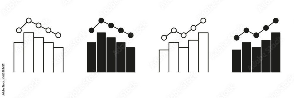 Poster bar and line graph line and solid icon set. data analysis, financial trends, and business performanc