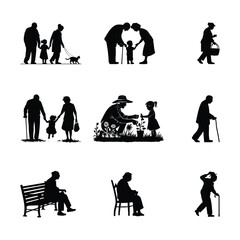 Collection of senior citizens and grandparents' silhouettes with children in various activities and daily life moments