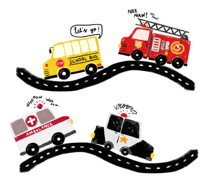 Cute set community emergency vehicles transportation winding road street crayon kids doodle crayon watercolour illustration police car school bus ambulance fire truck engine sound text word nursery