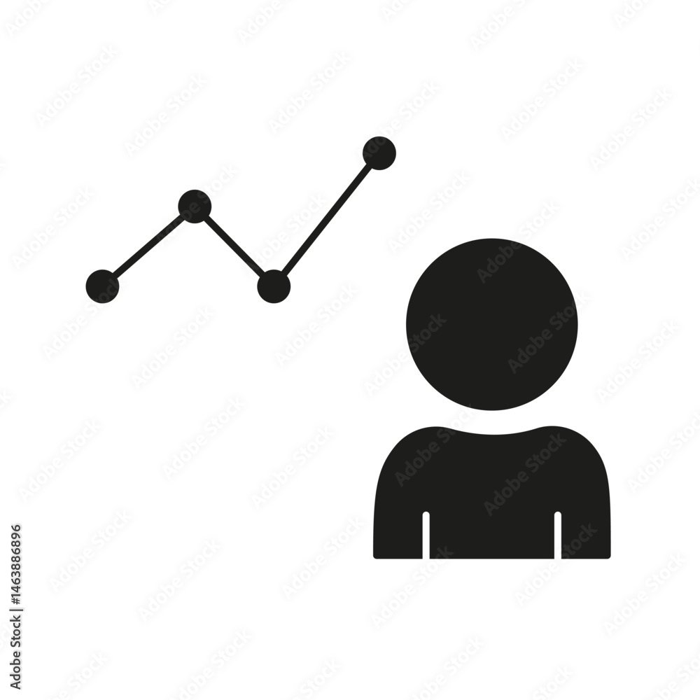 Poster user analytics and data trends solid icon. human profile with line graph silhouette symbol. business