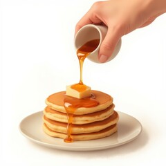 Delicate pour of golden maple syrup on fluffy pancakes whimsical breakfast scene