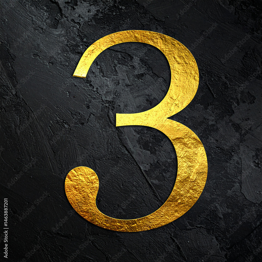Poster golden number 3 three on dark textured surface. abstract design.