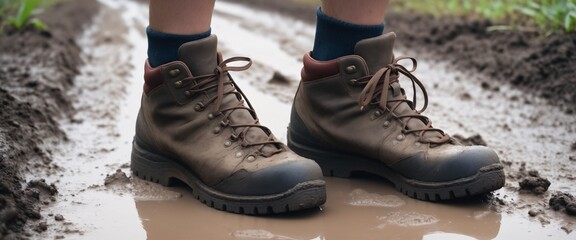 Naklejka premium Person feet in trekking shoes walking swamp mud.