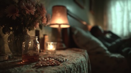 Tired young woman reaching for insomnia pills on her bedside table, in a dimly lit bedroom in the evening