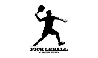 pickleball logo vector graphic and vector silhouette of a pickleball player serving with white background