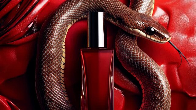 A bottle of perfume is displayed next to a snake. The bottle is red and the snake is brown. Concept of danger and intrigue, as the snake is a symbol of danger