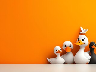 Whimsical doodle style waterfowl creatures peeking from an orange backdrop